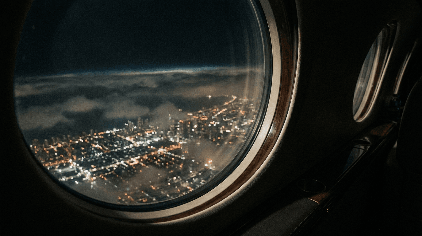 A city at night seen through an aircraft window — distant, private, far below