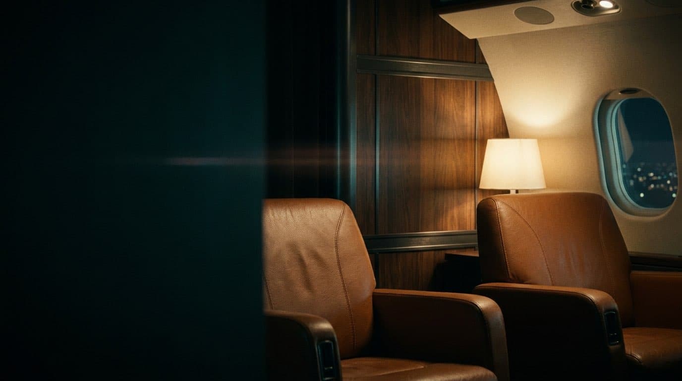 A private jet cabin at night — leather seats in lamplight beside a darkened window