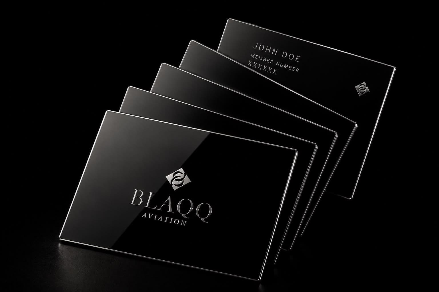 Five black glass Blaqq Aviation membership cards fanned on a dark surface, the nearest engraved with a member's name and number